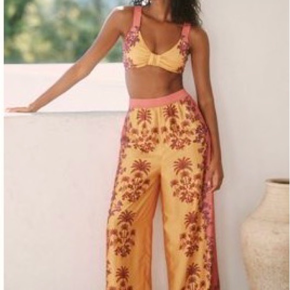 Anthropologie Pants - Anthropologie Yellow and Pink Floral Wide-Leg pants